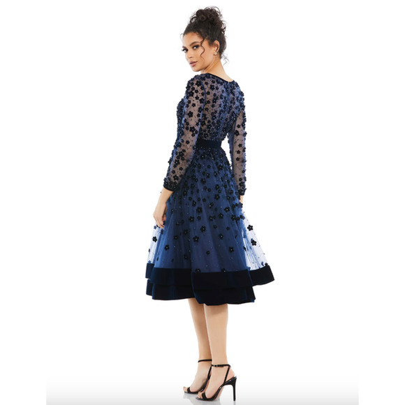 MAC DUGGAL Dress Size 0 Evening Gown Navy Blue Embellished Illusion Velvet NEW - Picture 2 of 6